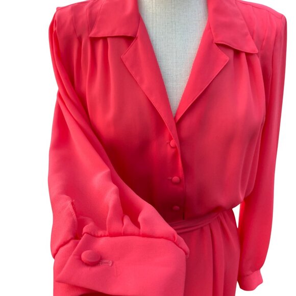 Vintage 80s Willi Petites Pink Button-Up Belted Dress Size 12 Polyester Lined - Picture 3 of 16